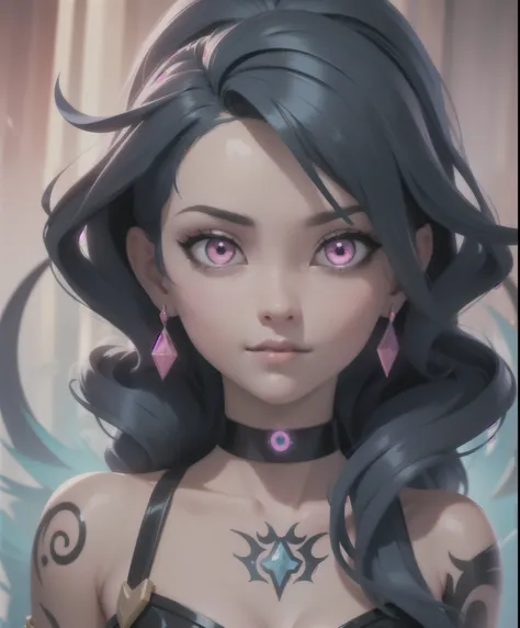 (masterpiece), (best quality), (vibrant light colors), Super Detail, 1girl, asymmetrical bangs, black choker, blue hair, collar, earrings, glowing eyes, long hair, looking at viewer, pink eyes, portrait, shiny hair, tattoo, (league of legends), cowboy shot