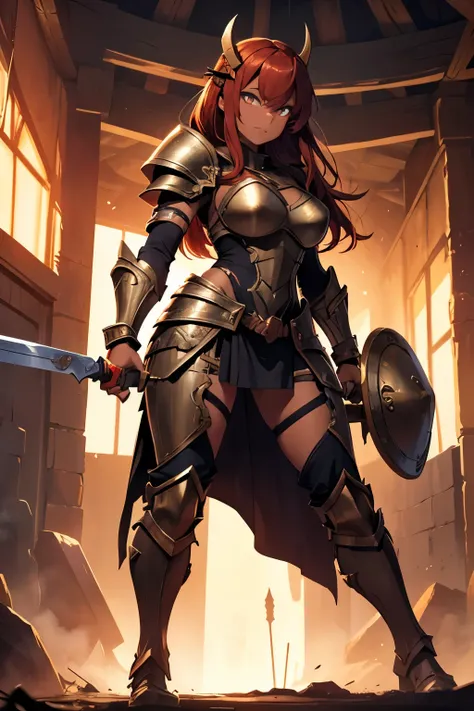 Image of a hot Female hobgoblin warrior with eyes the color of twilight and bronze skin holding an bastard sword at one hand and a heavy shield wearing a heavy plate armor.