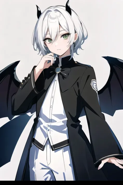 high resolution　Best Quality　White Hair　Green Eyes　A cool devil boy　Cool clothes　Black Devils Wings