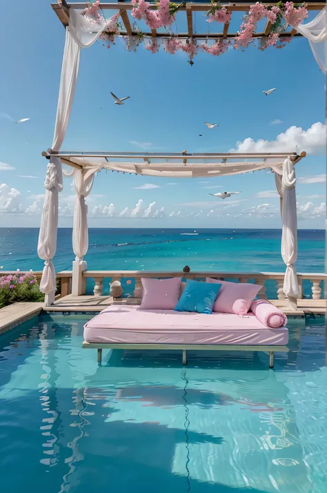 A surreal and whimsical scene of a floating blue daybed, adorned with a delicate white mosquito netting and a cascade of vibrant pink flowers. The daybed appears to be gently floating on the oceans surface, surrounded by crystal-clear turquoise waters and ...