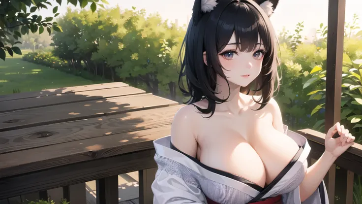 (((masterpiece, best quality))), (((superior quality))), cute girl, ((extremely detailed girl)), ((huge breasts)), fox ear, yukata, (bare shoulders), strapless top