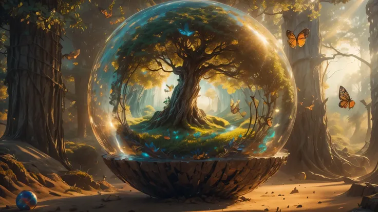 (masterpiece),(best quality:1.0), (ultra highres,), detailed, a glass ball with a tree inside of it, digital art, cg society contest winner, butterflies and sunrays, concept art design illustration, beautiful digital illustration, closed ecosystem