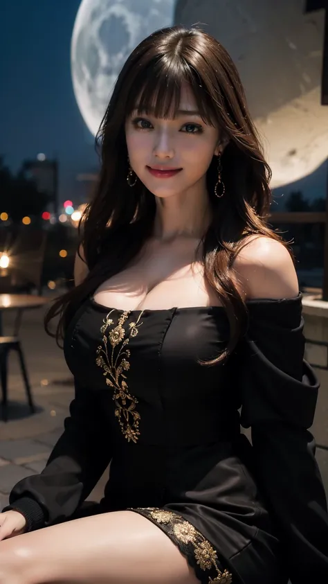 Upper body photo、Take close-up photos of your face、big breasts、Fair skin、Great light、Beautiful lighting、brown hair、Blunt bangs、Detailed embroidery、Black dress、Off-the-shoulder jacket、Gorgeous Accessories、Knee-high socks、Full moon night、Outdoor Background、s...