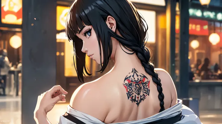 (beautiful 19-year-old girl),(model figure),(big breasts),(short haircut,long braid down the back),(black hair),(wearing white kimono, heavily torn in some places),(fighting stance),(a gang),(tattoos)。(best quality,4k,8k,highres,masterpiece:1.2),ultra-deta...