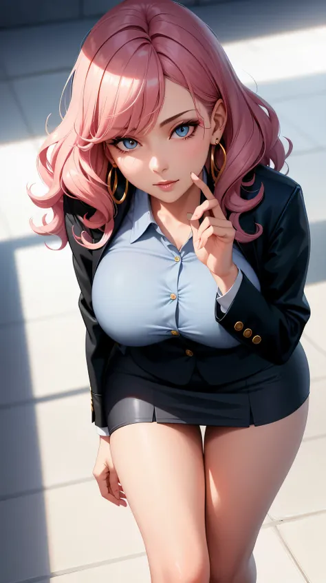 (best quality:1.5, highres, UHD, 4K, detailed lighting, shaders), (high quality eyes), ( perfect fingers),  curly floral haired, gradient hair, large breasts, suit, gray shirt, social shirt, short skirt, mature woman , (pov), white background, colorful eye...