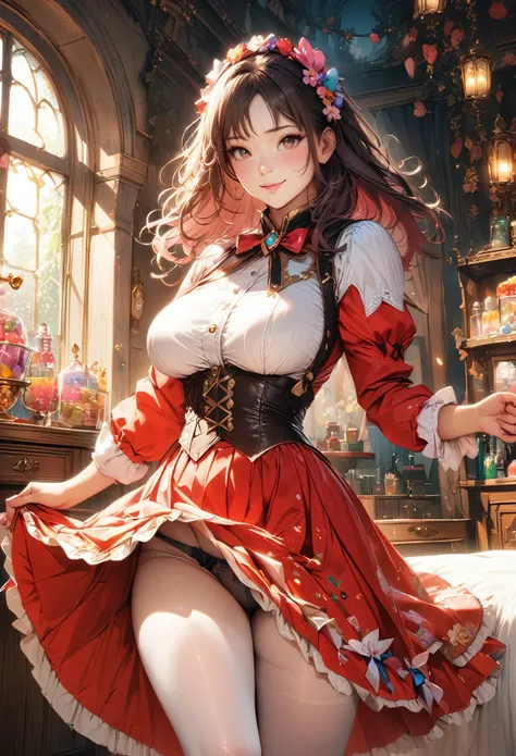 ((masterpiece, highest quality, Best image quality, High resolution)), ((Highly detailed CG synthesis 8k wallpaper)), One girl、candyland, Candy Kingdom, Candy Castle, fairy tale world, Candy house and juice fountain rainbow lined up, colorful, pop, Fantasy...