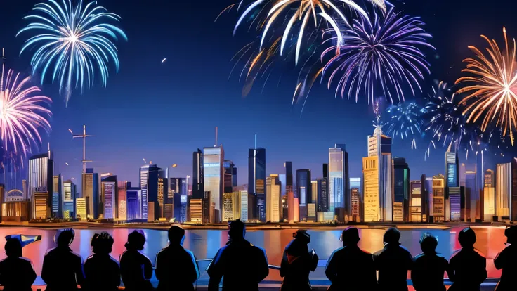 gradient background of blue colors, urban context, outline of buildings, with people holding fireworks