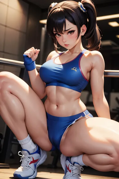 Chun li doing a squat in the gym, with a blushing face, wearing a small shorts and a small bra, High Resolution, detailed image UHD