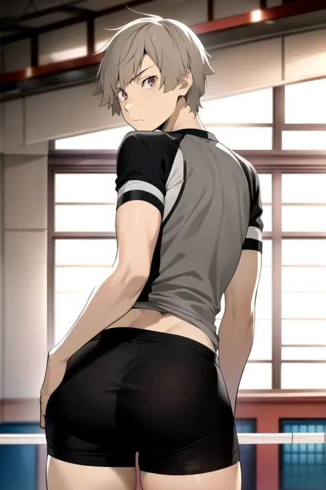 masterpiece, best quality, high quality, 1boy, solo, male focus, looking at viewer, nakajima_atsushi, grey hair, (volleyball uniform: 1.2),  rear view, shows ass, butt 