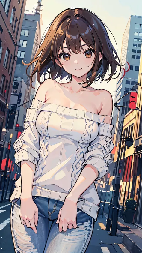 (8K、Highest quality、highest quality、masterpiece)、Detailed face、((One girl))、brown hair、Medium Hair、Brown eyes、smile、big breasts、((White sweater))、Off the shoulder、Strapless、((denipants))、Cowboy Shot、City Background