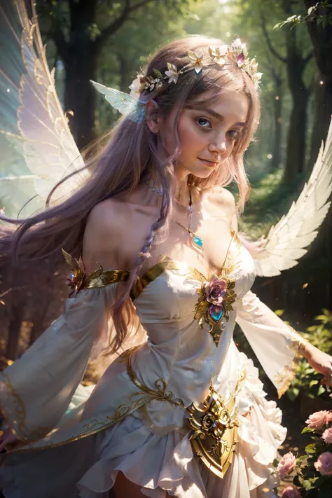 A radiant and enchanting fairy guardian, adorned in Disney-inspired attire, graces the scene with her ethereal presence. Her iridescent wings shimmer as they dance in the soft breeze, and her sparkling eyes hold the wisdom of the forest. Her delicate, flow...