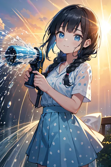 (8K, best quality, master piece: 1.2), super high resolution,A girl holding a hose and spraying water on a sunny day with the sun at her back,ultra-detailed face, detailed eyes,A big rainbow appears in the direction the girl is looking.,Splash,white short ...