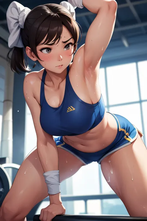 Chun li wiping sweat with a towel at the gym, sweating in wet clothes, face flushed, wearing small shorts and a small bra, detailed image, high resolution, UHD