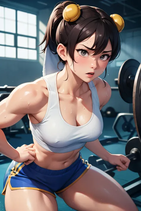 Chun li wiping sweat with a towel at the gym, sweating in wet clothes, face flushed, wearing small shorts and a small bra, detailed image, high resolution, UHD