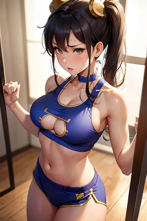 Chun li wiping sweat with a towel at the gym, sweating in wet clothes, face flushed, wearing small shorts and a small bra, detailed image, high resolution, UHD