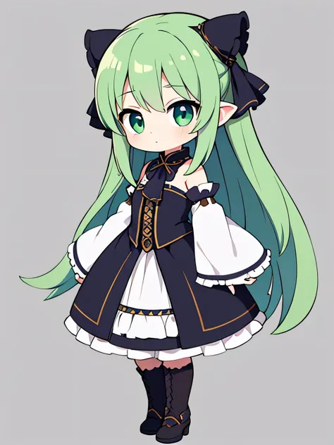 1girl,beautiful detailed eyes,frilled_sleeves,sleeves,arms at sides,upright,concept art,solo,cowboy shot,full body,looking at viewer,grey background,simple background,chibi,green hair,long hair,