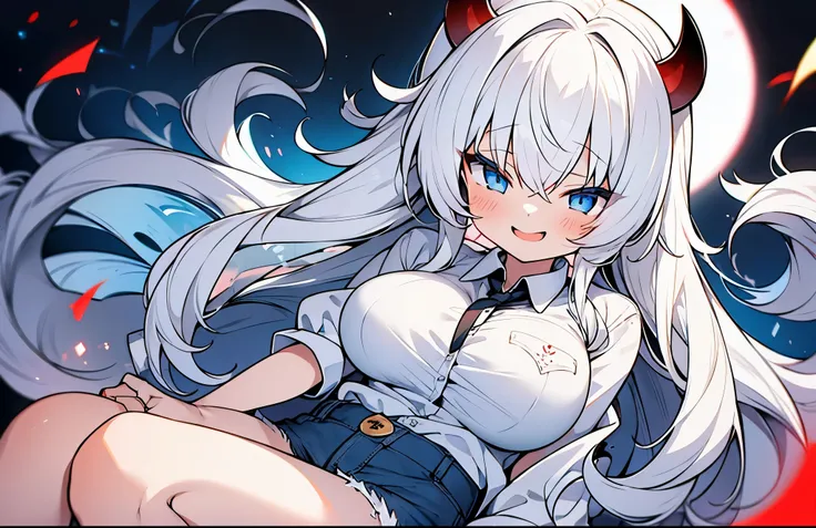 girl, alone, long hair, white hair, young girl, blue eyes, white shirt, denim shorts, very big breasts, demon horns, demon tail