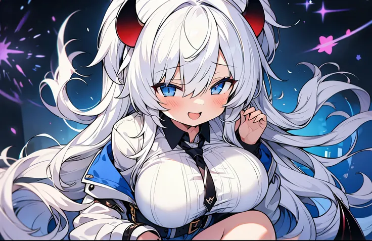 girl, alone, long hair, white hair, young girl, blue eyes, white shirt, denim shorts, very big breasts, demon horns, demon tail