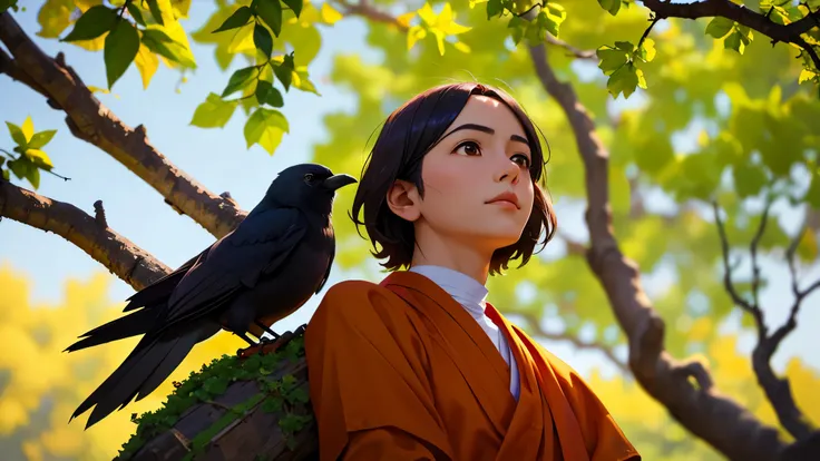 a monk looking up under a tree and seeing a crow. Close-up, soft lighting, filtro sonhador, profundidade superficial de campo, efeito bokeh, paleta de cores quentes