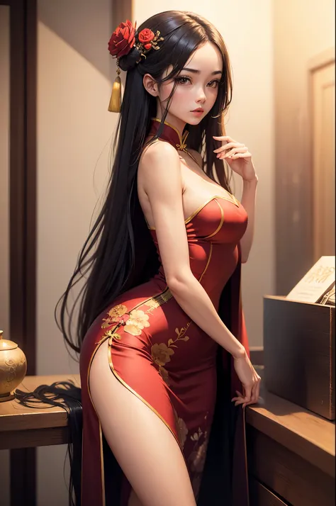 a sexy woman, (best quality), (masterpiece), (1girl), slim, anime, tall, (flat chested), (chinese dress), (protrait),
