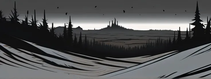 (((darkest dungeon style))), ((darkest dungeon background)), grand wasteland, lots of dark gray sand, gray thorn trees, view from the hill, unnatural high steel spikes sticking out of the sand, gray horizon, gray sky, gloomy sky, endless night, (dark light...