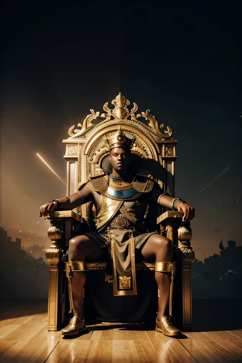 futuristic scene of African king sitting on throne, dynamic lighting