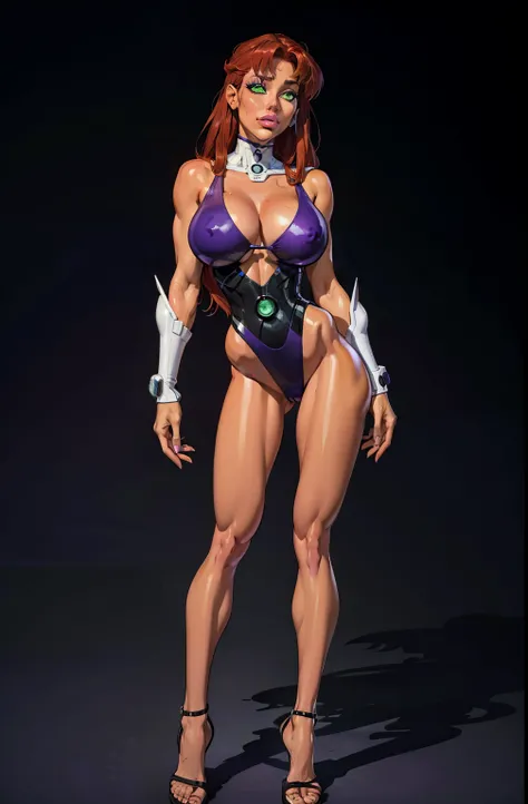 full body, standing on her feet, futuristic background, sexy appearance, starfire, red hair, ((orange skin)), ((wide hips)), gigantic breasts, narrow waist, breasts together, cleavage, makeup, (purple swimsuit), mascara, long hair, beautiful eyes, large ir...