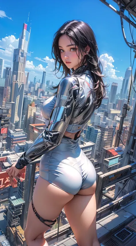 (best quality,4k,8k,highres,masterpiece:1.2),ultra-detailed,(realistic,photorealistic,photo-realistic:1.37),illustration by hajime sorayama, perfect body, hyperfeminine curves, city, detailed background, vibrant colors, surreal lighting