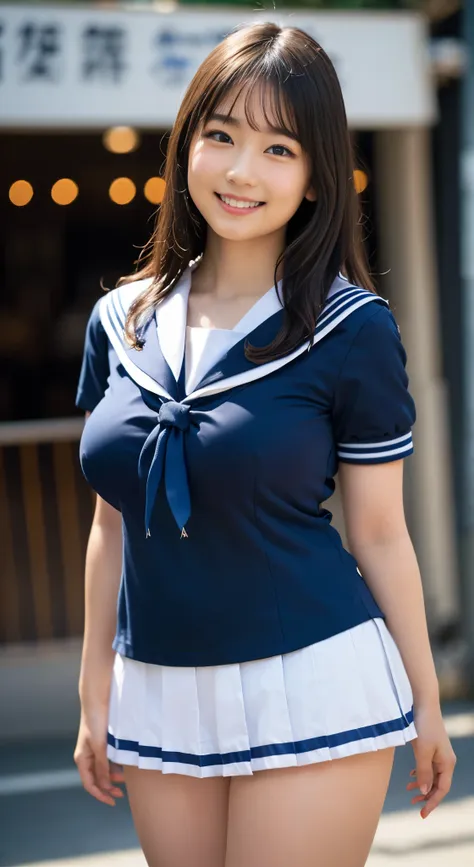 （8k、Raw photo、highest quality、masterpiece：1.2),(:1.3),Staring at the audience,Viewed from the front,White skin,(Wearing a sailor uniform:1.4)、(Big ample breasts:1.3),(Thigh close-up、A beautiful figure、Big breasts and small waist:1.2),Realistic skin type、(d...