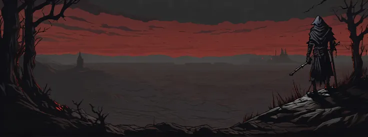 (((darkest dungeon style))), ((darkest dungeon background)), grand wasteland, pale red sand, blood stained sands, view from the hill, ((dark rag scarecrow on a staff)), gray horizon, gray sky, gloomy sky, endless night, (dark lighting), many shadows, cold ...