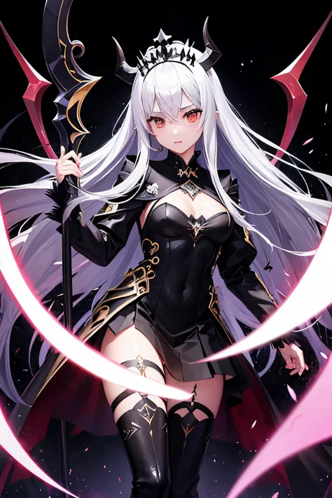 （（（highest quality、Masterpiece、Normal body、8k、Detailed face、Ultra-precision、Normal hand、Normal finger、５Finger、supreme）））Golden and silver hair、Princess、dark dress、White and black skirt、Shiny Tiara、Knight Armor、metal boots、death scythe、disaster々New Scythe、G...