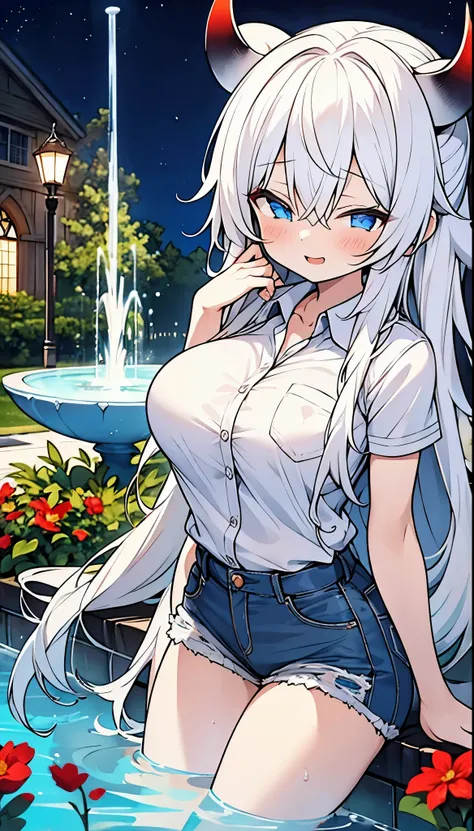 girl, alone, long hair, white hair, young girl, blue eyes, white shirt, denim shorts, very big breasts, demon horns, demon tail, water fountain, garden, empty park, night