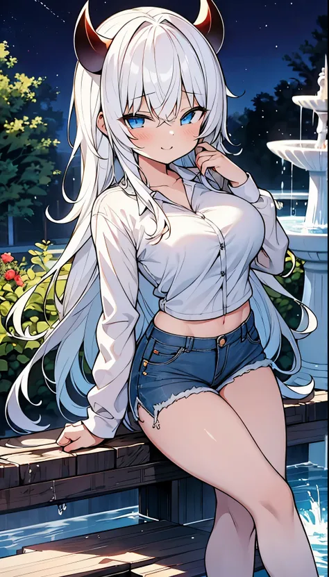 girl, alone, long hair, white hair, young girl, blue eyes, white shirt, denim shorts, very big breasts, demon horns, demon tail, water fountain, garden, empty park, night