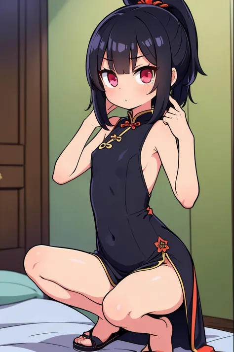 a sexy woman, (best quality), (masterpiece), (1girl), slim, anime, tall, (flat chested), (chinese dress), (protrait), (half squat pose)
