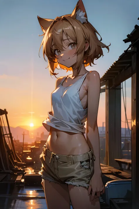 ((Masterpiece)), ((best quality)), (Anime:1.5), (RAW photo:1.2),(High Definition:1.3), (Professional Photography:1.2), ((12 years old)), wide shot, (sunset), Very messy medium hair, (slightly exposed small breast), Beautiful small breasts, (white tank top)...