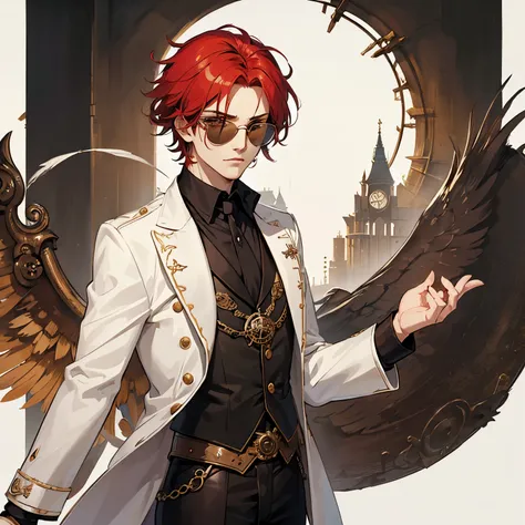 Un hombre pelirrojo con gafas steam punk, chaqueta de cuero con picos, tes blanca, ojos amarillos de serpiente, atuendo punk, Crowley de Good Omens