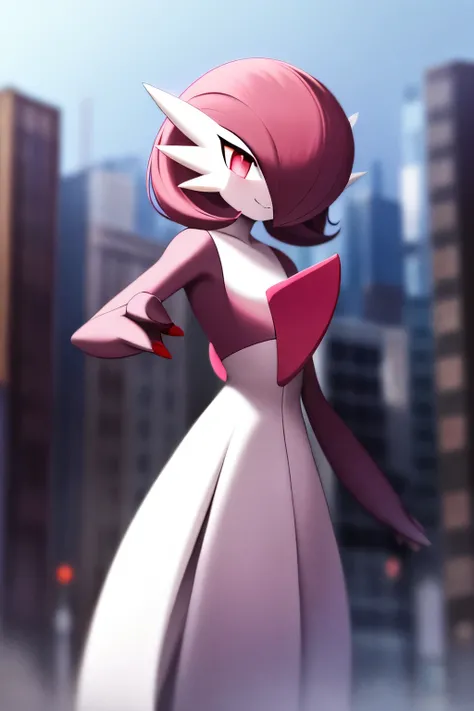 Masterpiece, best quality, 1 girl, solo, gardevoir, white dress, creatures (company), freak game, Nintendo, pokemon, pokemon (game), punches, colored skin, female focus, flat chest, Pokémon generation 3, dark violet hair, discolored hair, dark violet skin,...