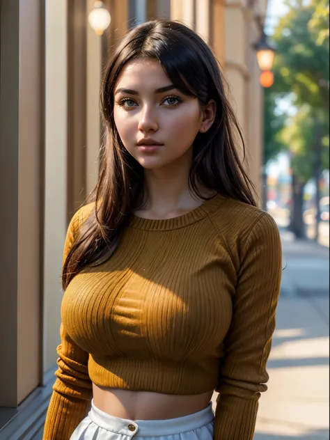 stunning intricate full color portrait, epic character composition, by ilya kuvshinov, alessio albi, nina masic, sharp focus, natural lighting, subsurface scattering, f2, 35mm, film grain, btpt-fc, cropped sweater, midriff, sweater, 1girl, detailed face, h...