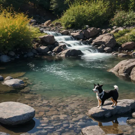 hyper-realistic glass sculpture of playful tri-color border collie frolicking on the rocks by a whitewater stream in old European small city center park, cast iron and stonework, beautiful, sculptured glass, with subtle deep reds and purples, glass swirled...