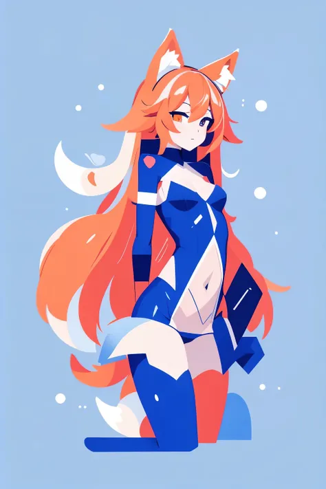 fox girl, fox ears, lewd costume, lewd pose, blue background, flat illustration, logotype style, low anime style, some colors