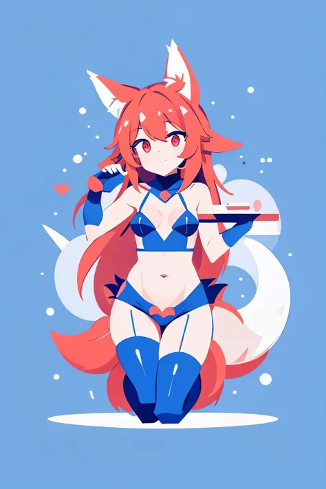 fox girl, fox ears, lewd costume, lewd pose, blue background, flat illustration, logotype style, low anime style, some colors