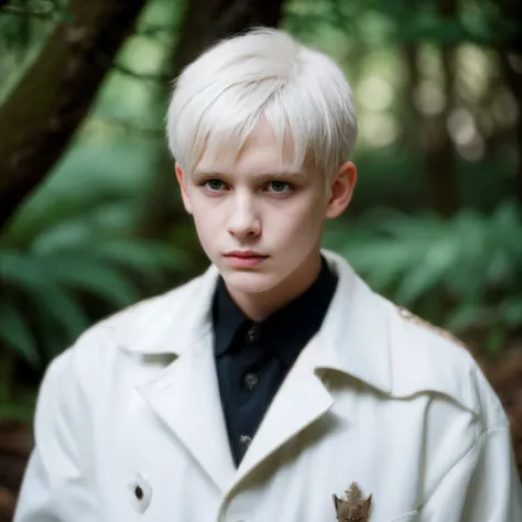 One boy, Very detailed, Realistic, Tabletop, High resolution, expensive, thin, Sharp Face, Sharp eyes, White coat, Short white hair, White ghostly eyes, Black Shirt, White pants, In the woods, Cold Stare, View your viewers, Dagger in hand