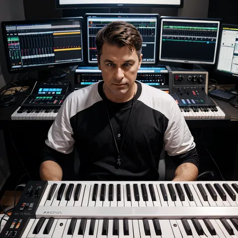 image of stoic music producer with colorful synths behind him, he is white middle aged and looks great