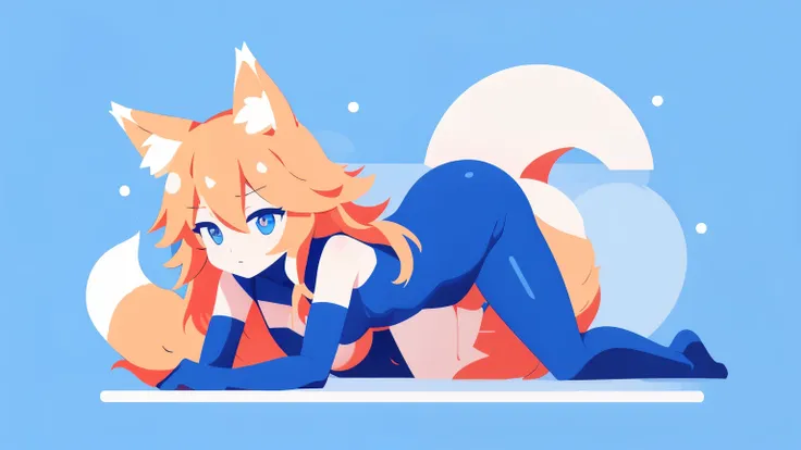 fox girl, fox ears, lewd costume, lewd pose, blue background, flat illustration, logotype style, low anime style, some colors