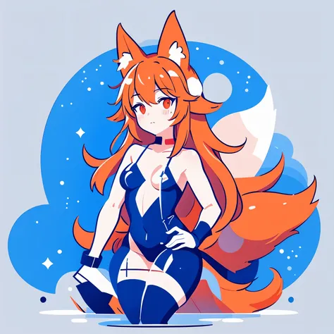 fox girl, fox ears, lewd costume, lewd pose, blue background, flat illustration, logotype style, low anime style, some colors