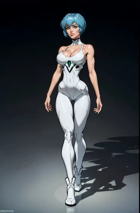 full body, standing on her feet, futuristic background, sexy appearance, rei ayanami, ((blue hair)), ((pale skin)), ((wide hips)), gigantic breasts, narrow waist, breasts together, cleavage, makeup, (white swimsuit), mascara, leg boots, short hair, beautif...