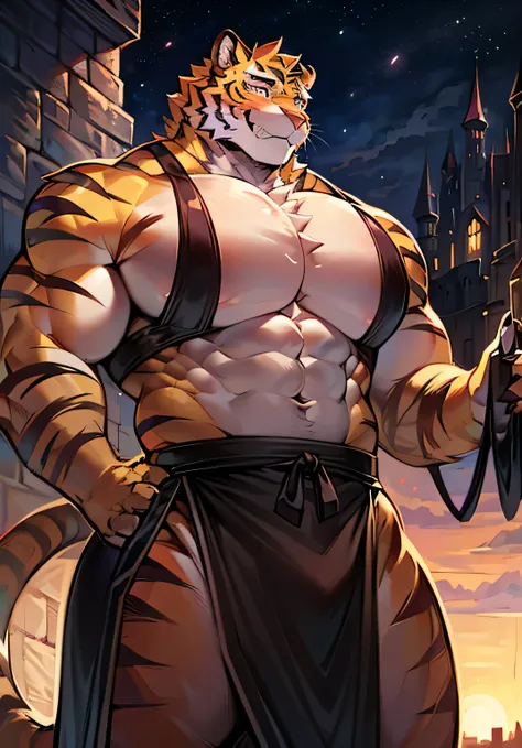 solo male, muscular body, thin, lithe, thin waist, thin shoulders, young (((massive pecs, bulging pecs, saggy pecs, round pecs, huge pecs))), tiger knight, standing under the stars, fantasy background with castle in the distance, facing viewer, head tilted...