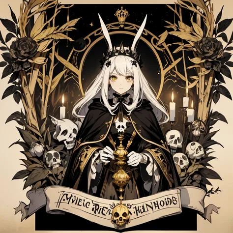 Alice in Wonderland, the White Rabbit. a black skull made of holding a candlestick , invites you to the magical forest. like gibli art nouveau. bones color black and gold. friend rabit. The skull figure wearing a cape and a kings crown