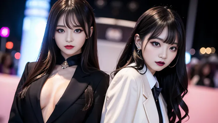 2girls、best quality、ultra-detailed、4k、Japanese、Seductive beauty、seductive adult woman、Pretty Woman、cool girl、Villainess、Brainwashed、brainwash、Fallen into evil、smirk、Evil look、Wicked Smile、evil、Brown hair、wavy hair、swept bangs、dark makeup、dark makeup、pierci...