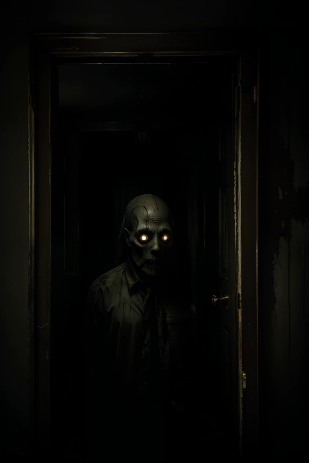 (Best quality, High definition, ultra-detailed: 1.1), Dark and eerie photo of a haunted hotel, ghostly apparitions, horror and fear permeating the atmosphere, haunted and abandoned, creaky doors, peeling wallpaper, dimly lit corridors, dusty furniture, sha...